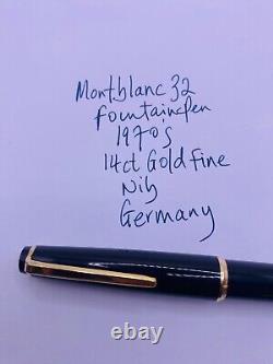 Montblanc 32 Fountain Pen 1970's 14ct Gold Fine Nib Twist Fill Nr Mint