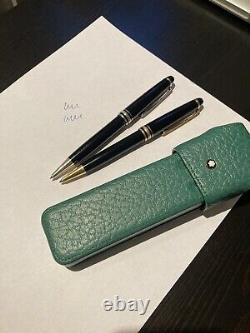 Montblanc meisterstuck ballpoint pen set (black and blue) with green leather box